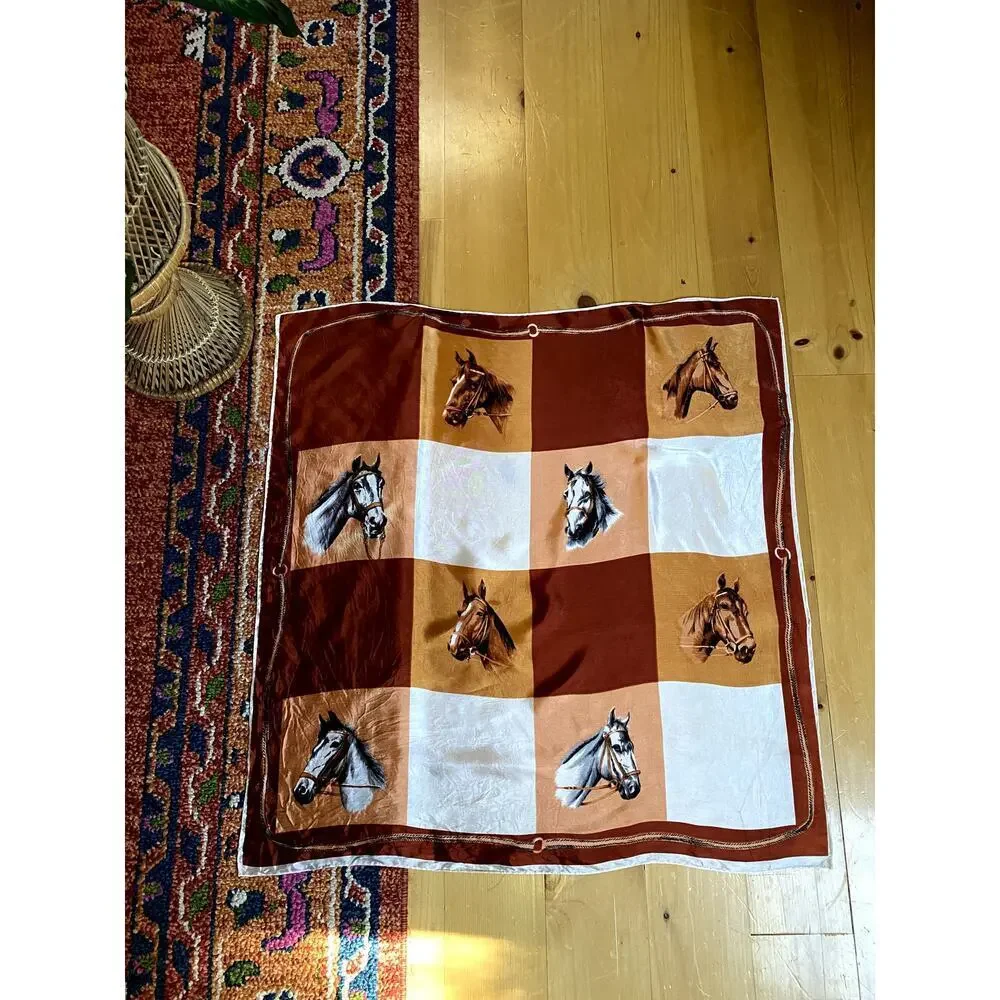 Horse Scarf Orange Rust White Square Large